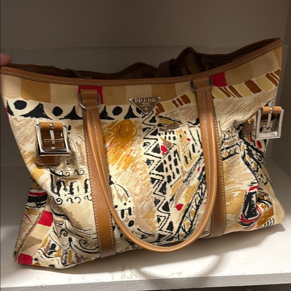 Prada Cream and Tan Tote Bag with Leather Handles